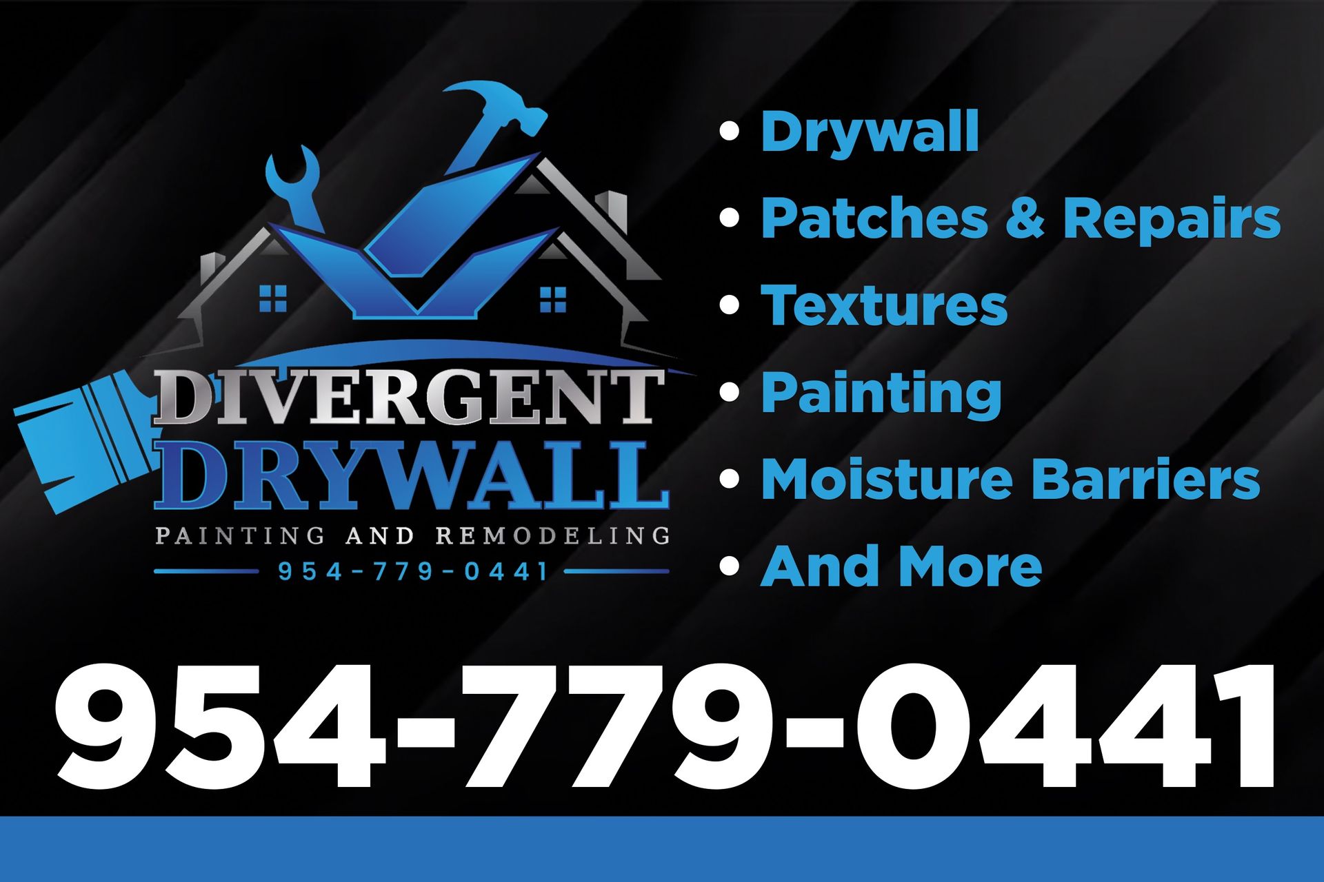 A business card for Divergent Drywall, offering drywall, patching, painting, and more. Features logo, services list, and phone number.