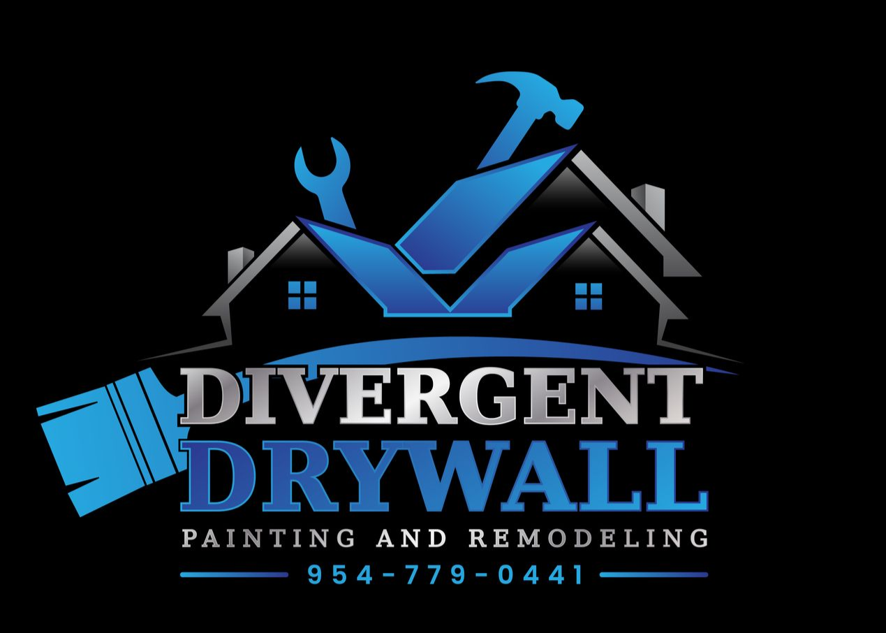 Logo for Divergent Drywall: blue and silver text with a house, tools, and phone number on black background.