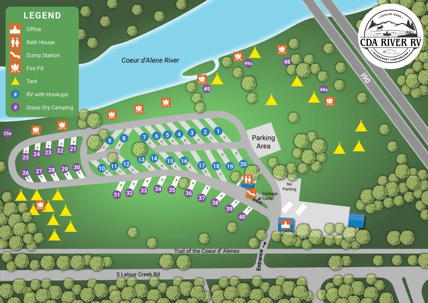 Map of a campground with sites, amenities, river, and road.