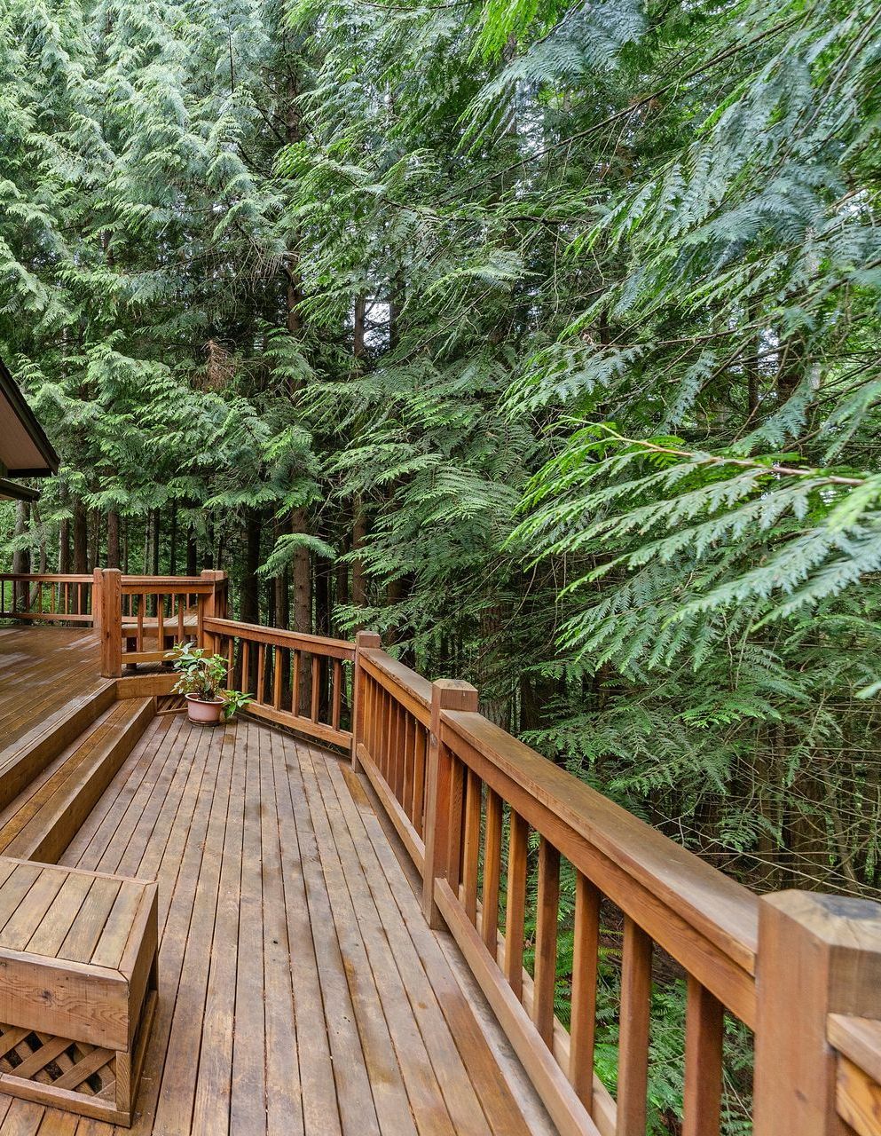 A wooden deck with a wooden railing in the middle of a forest.