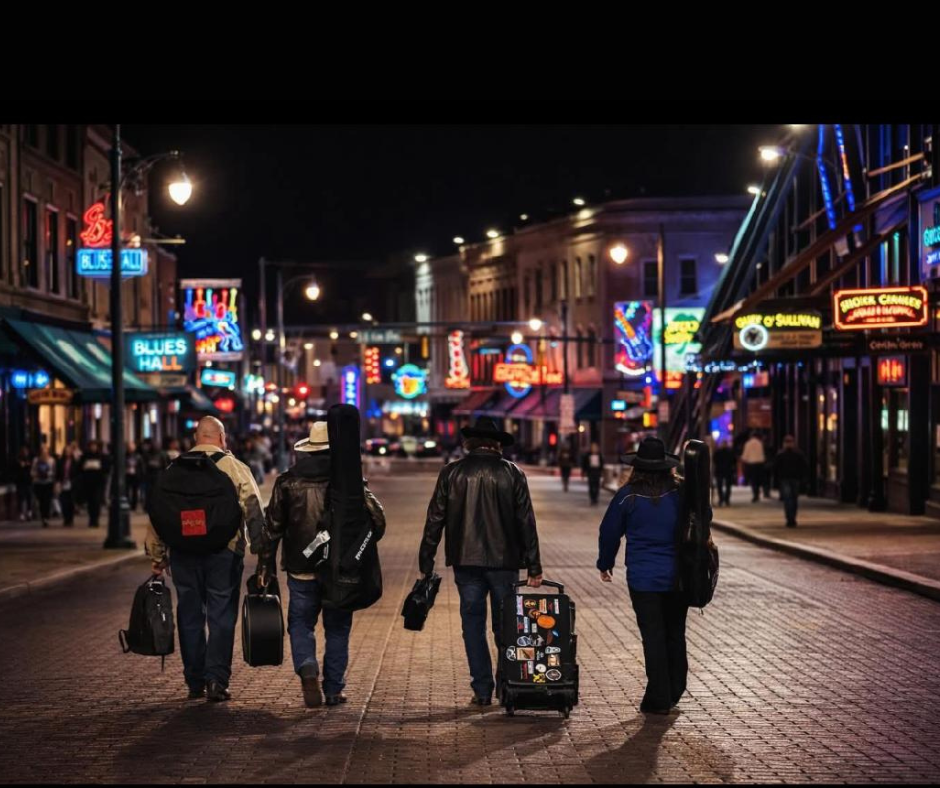 People walking down a neon-lit city street at night, one pulling a suitcase