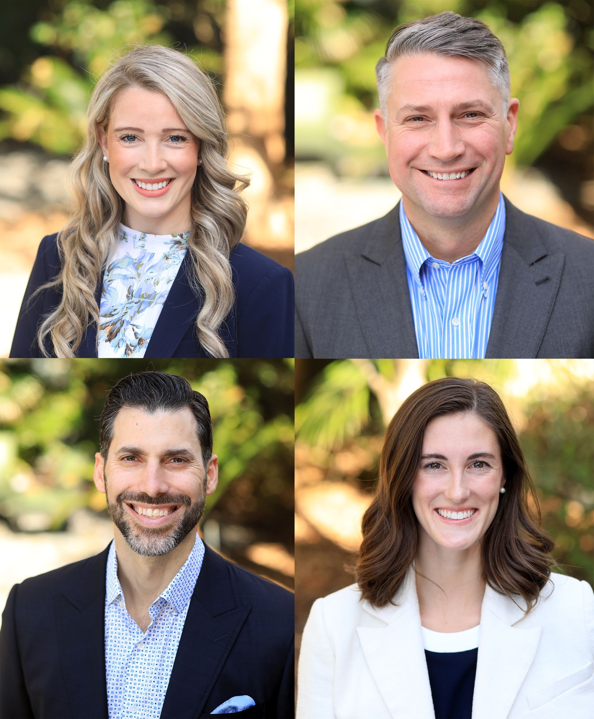 Natural light corporate headshots with a blurred green background.