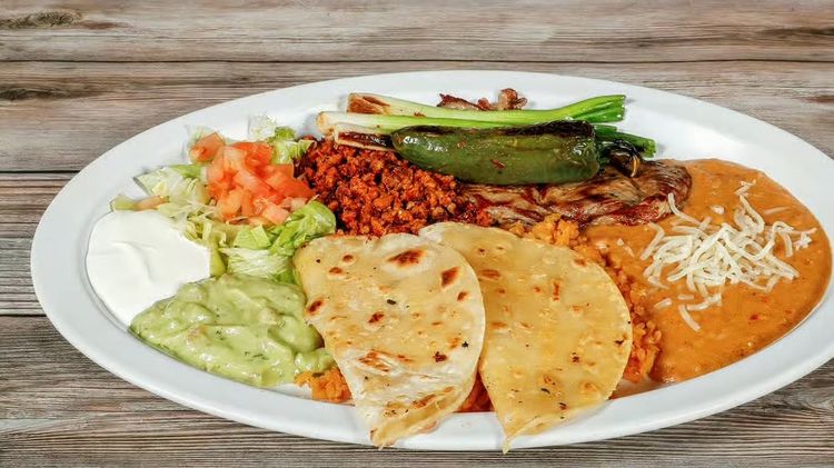 Mexican platter with rice, guacamole, salsa, tortillas, and grilled peppers on a white plate