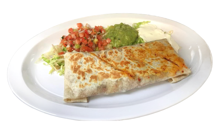 Plate with a folded quesadilla topped with cheese, served with salsa, guacamole, and sour cream