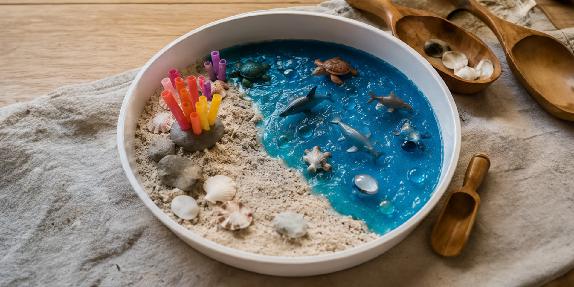 Selbst gestaltete Sensorik-Schale mit Sand, blauem Meeresschleim, Muscheln, Korallen und Meerestiere