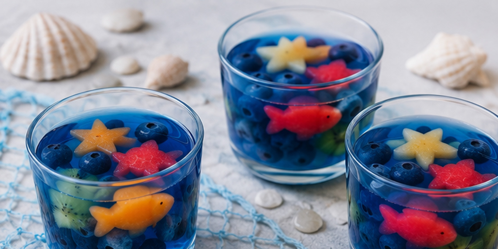 Blauer, zuckerarmer Unterwasser-Wackelpudding mit ausgestochenen Obstfischen