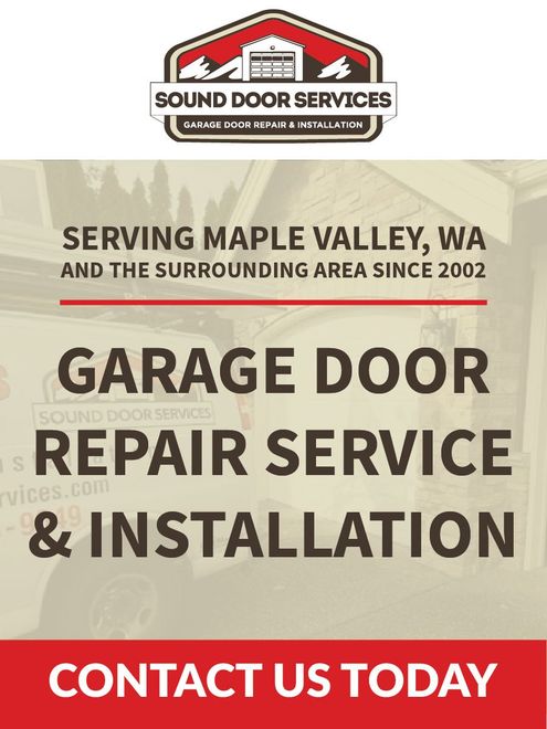 Sound Door Services advertisement for garage door repair and installation in Maple Valley, WA, since 2002.