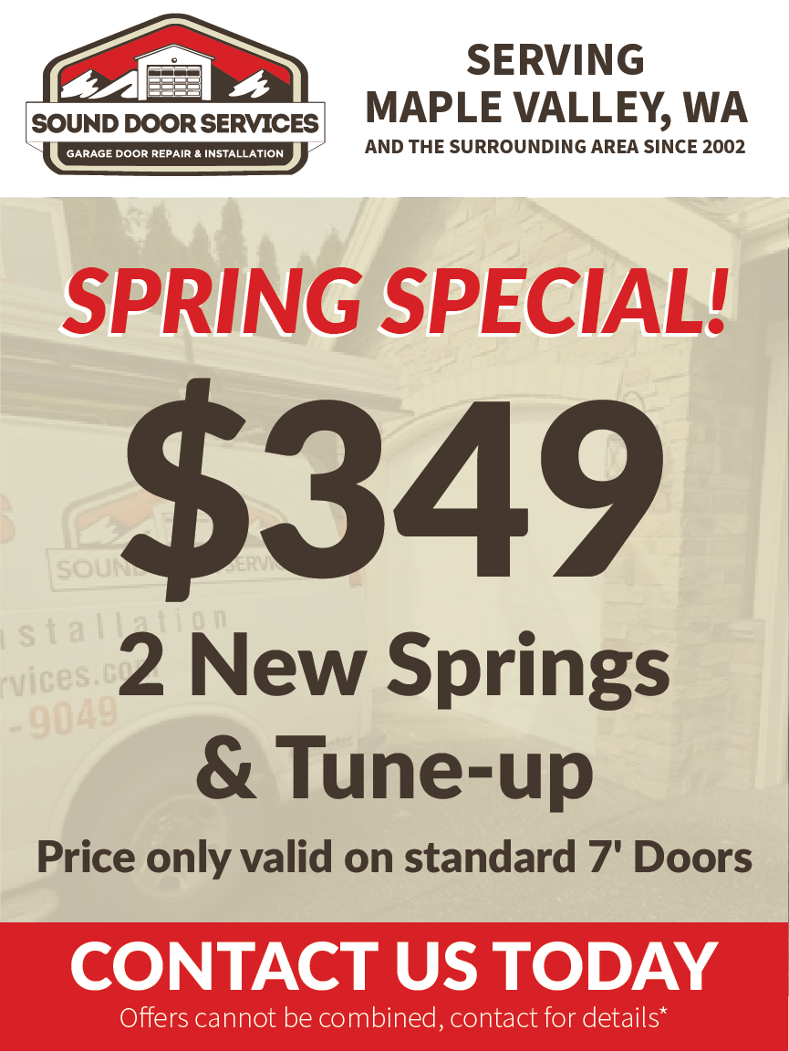 A promotional flyer for Sound Door Services in Maple Valley, WA, offering 2 new garage door springs and a tune-up for $349.