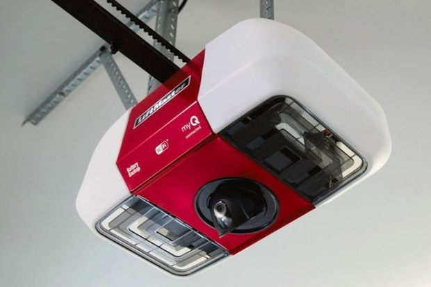 Chamberlain LiftMaster smart garage door opener with integrated camera mounted on a ceiling.