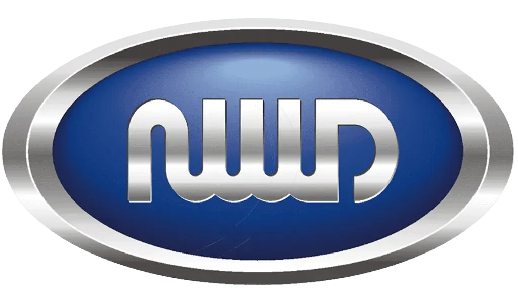 A silver, stylized logo reading