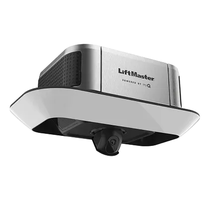 A silver LiftMaster smart garage door opener with a built-in camera, viewed from a low angle against a white background.