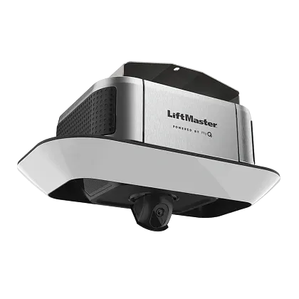 A silver and white LiftMaster smart garage door opener with an integrated camera, viewed from a low angle.
