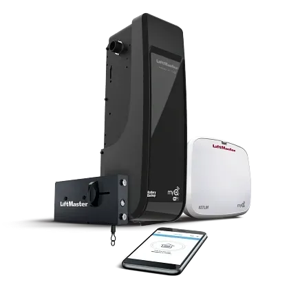 A wall-mount LiftMaster garage door opener, remote light, and smartphone displaying a control app on a white background.
