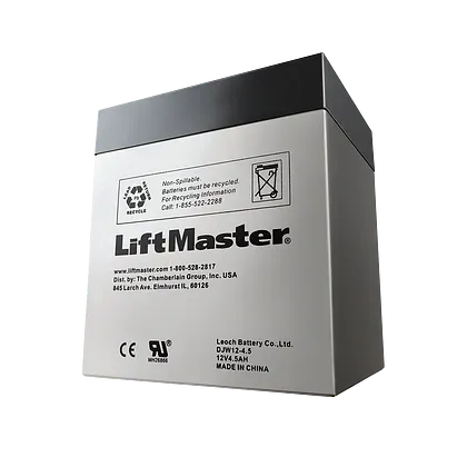 A gray and black LiftMaster brand sealed lead-acid backup battery for a garage door opener.