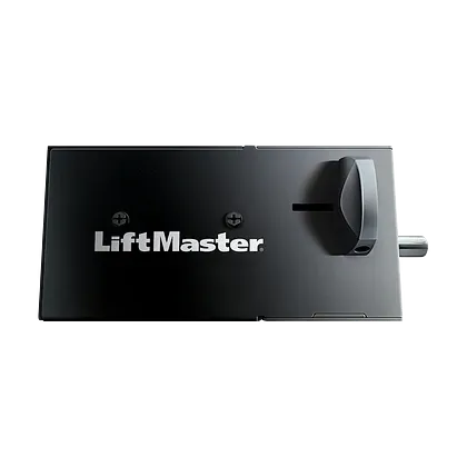 A black LiftMaster automatic garage door lock with a metallic bolt and manual release lever on a white background.