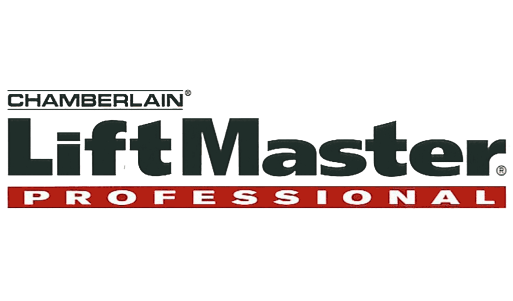 Logo for Chamberlain LiftMaster Professional with black text on white and a red rectangular background.