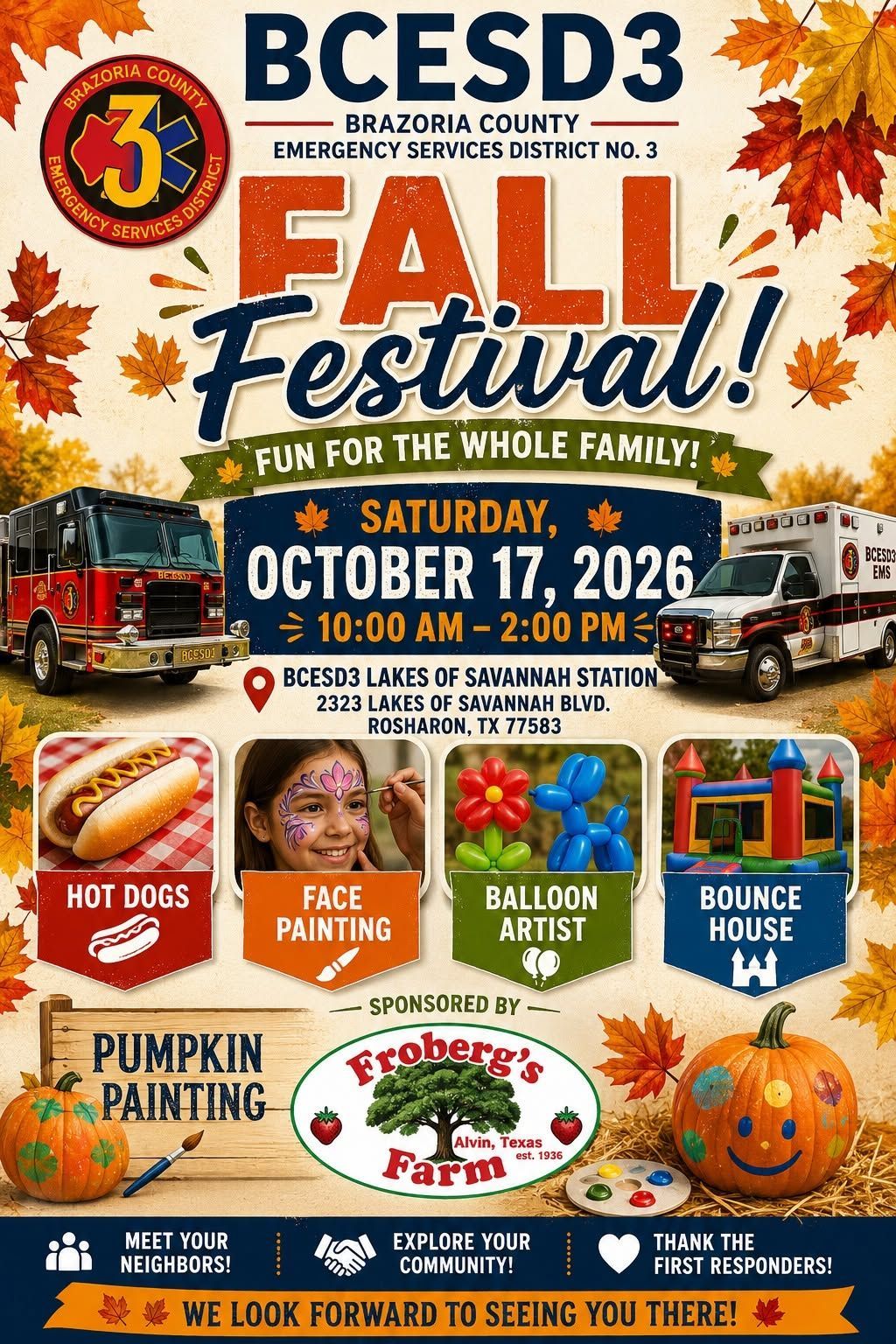 BCESD3 Fall Festival poster with October 17, 2026 date, games, crafts, food, and family activities.