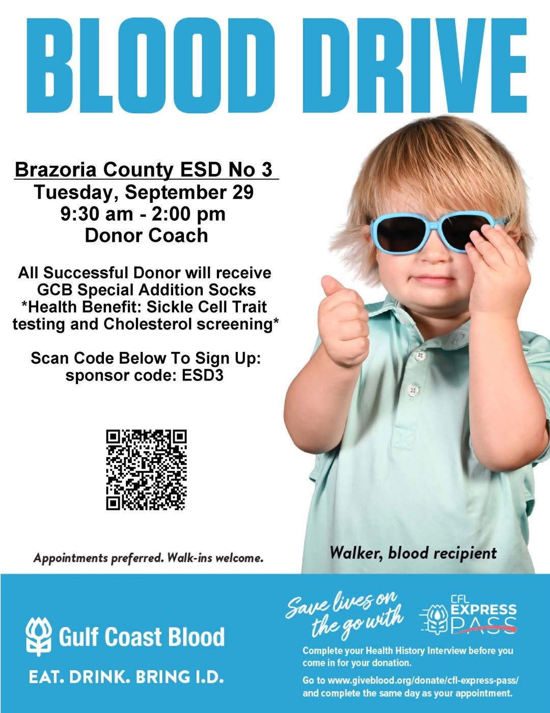 Blood drive poster with child in sunglasses and donation details for Brazoria County ISD, September 29.