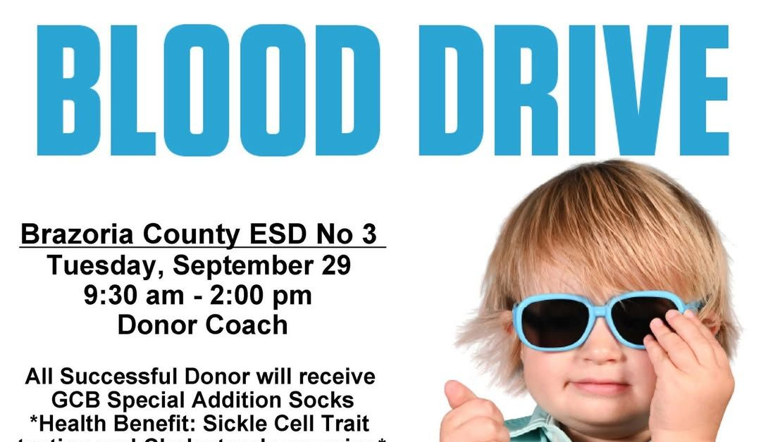 Blood drive poster with child in sunglasses and event details for Brazoria County ESD No. 3.