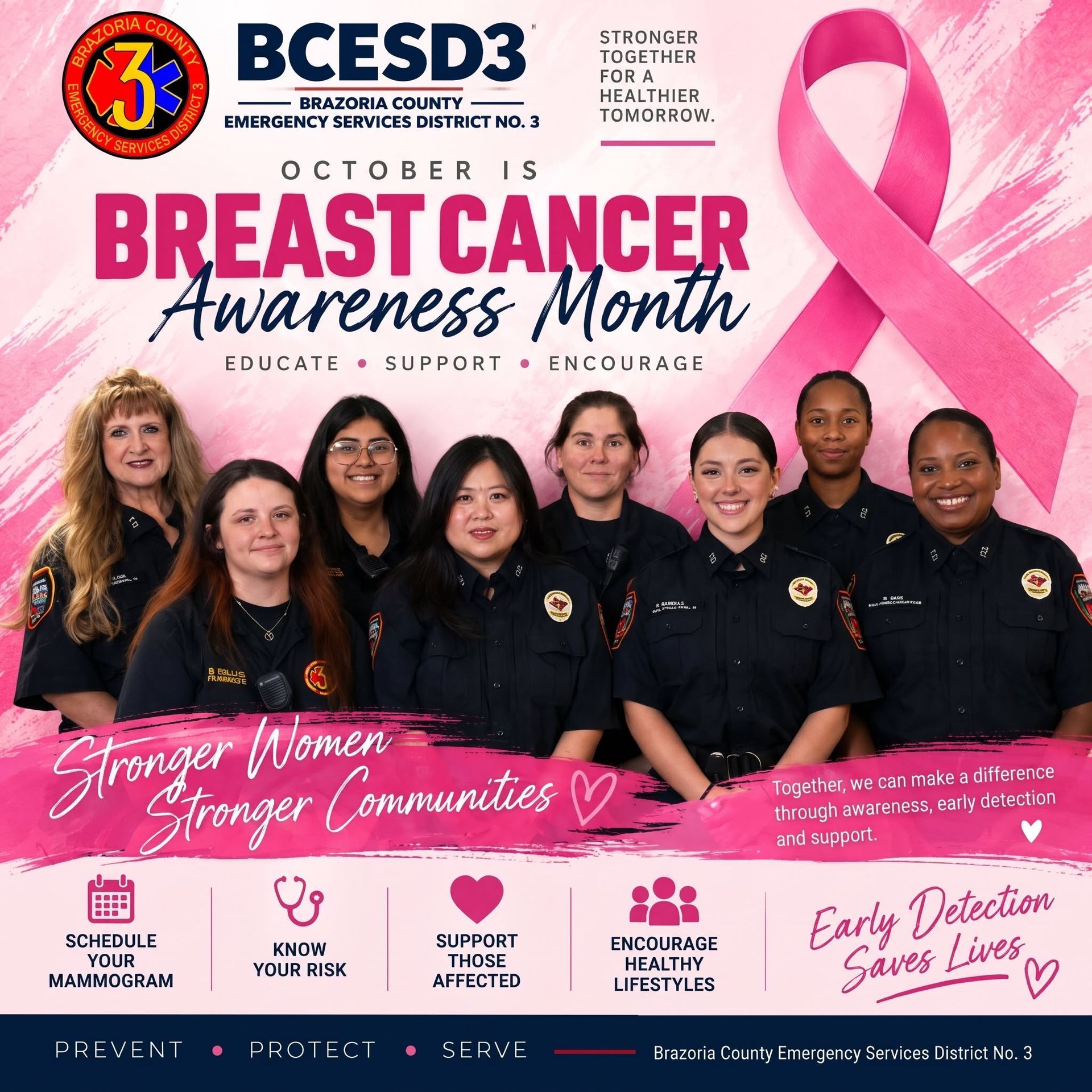 BCESD3 Breast Cancer Awareness Month poster with pink ribbon and team group photo