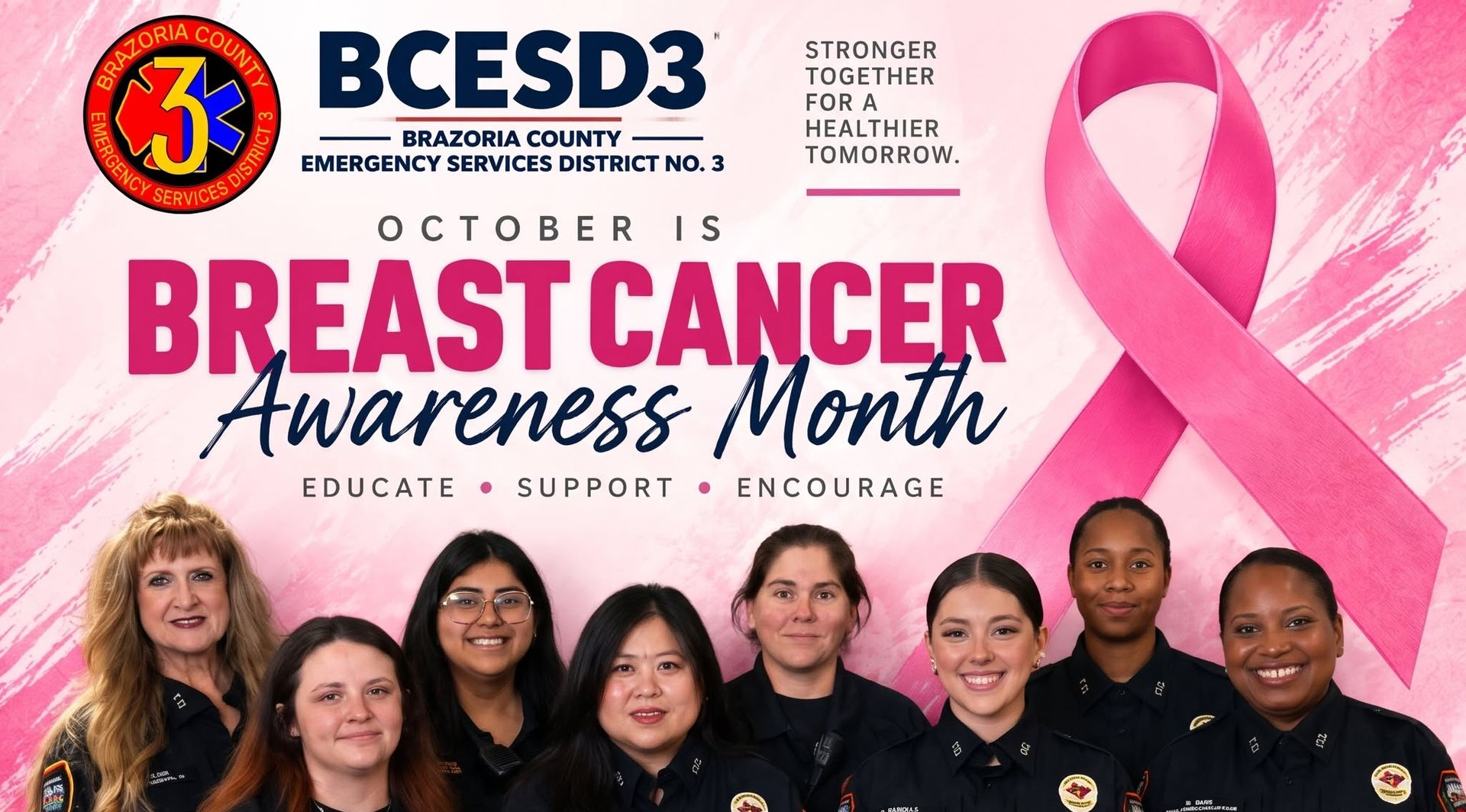 BCESD3 breast cancer awareness poster with staff group and pink ribbon on a pink background