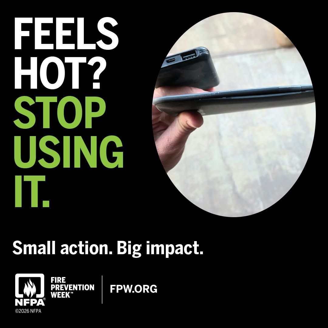 Fire prevention poster: “Feels hot? Stop using it.” with a phone near a charging cable.