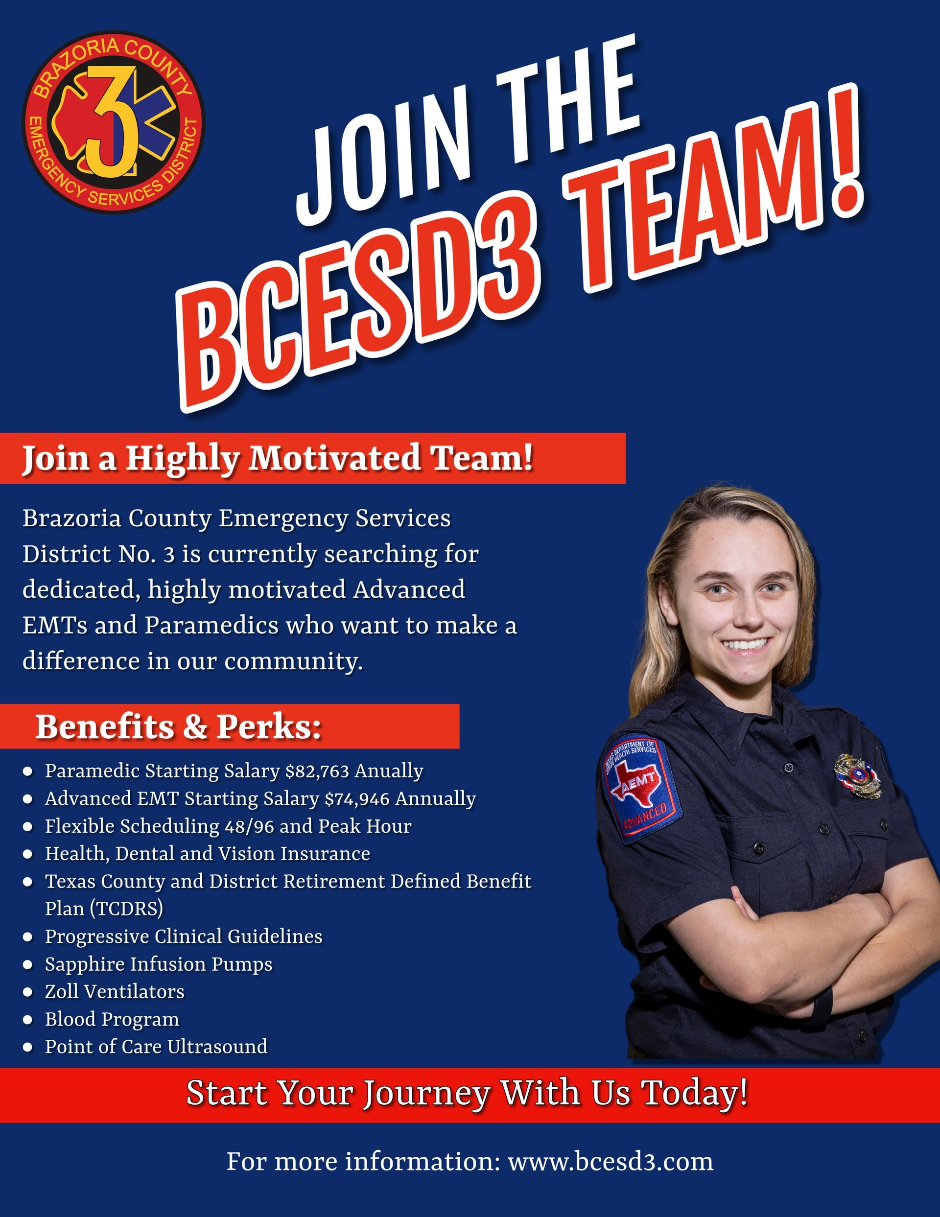 A woman in a firefighter uniform is standing with her arms crossed on a job flyer.