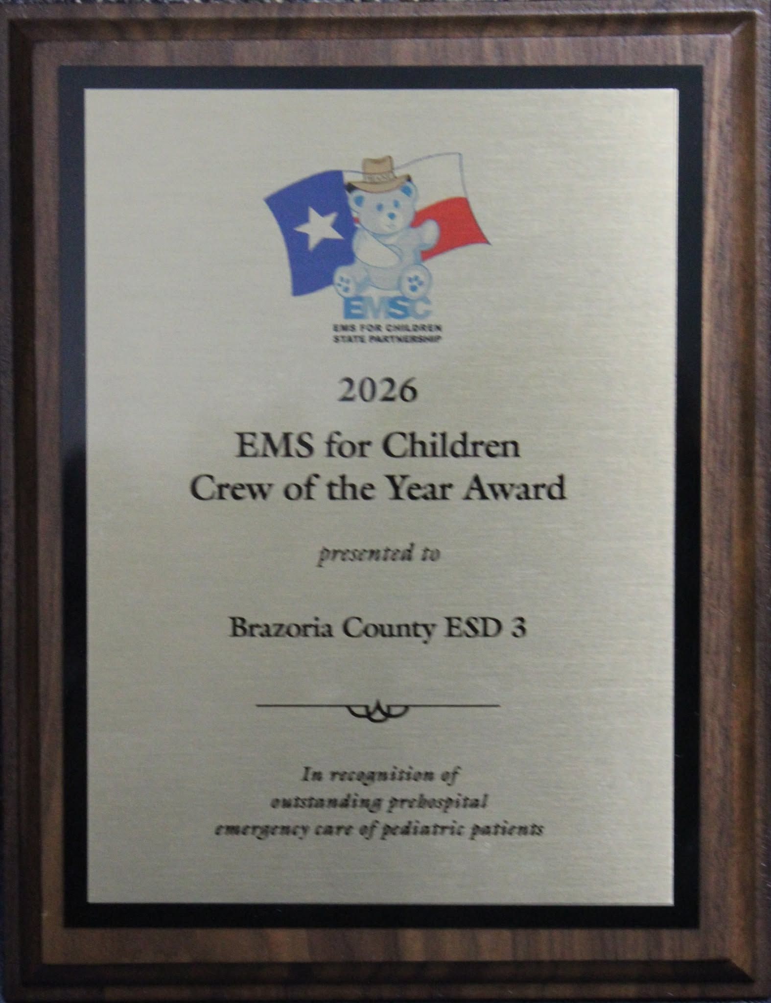 Framed EMS for Children Crew of the Year award plaque with blue and red logo
