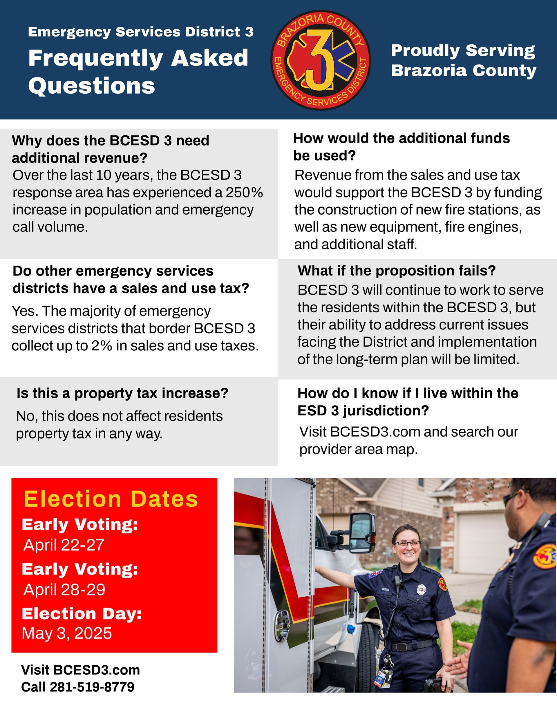 A FAQ flyer about a 2025 BCESD 3 election
