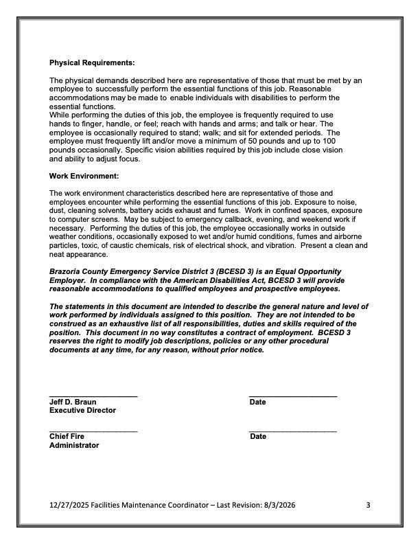Black-and-white scanned page of a “Physical Requirements” policy form with signature and date lines