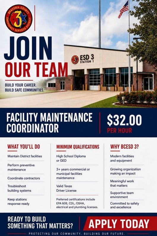 Facility Maintenance Coordinator job ad for ESD 3, with office building photo and $32.00 per hour highlighted.