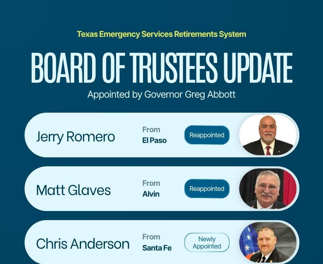 Board of Trustees update graphic listing five members with headshots and change status badges on blue background