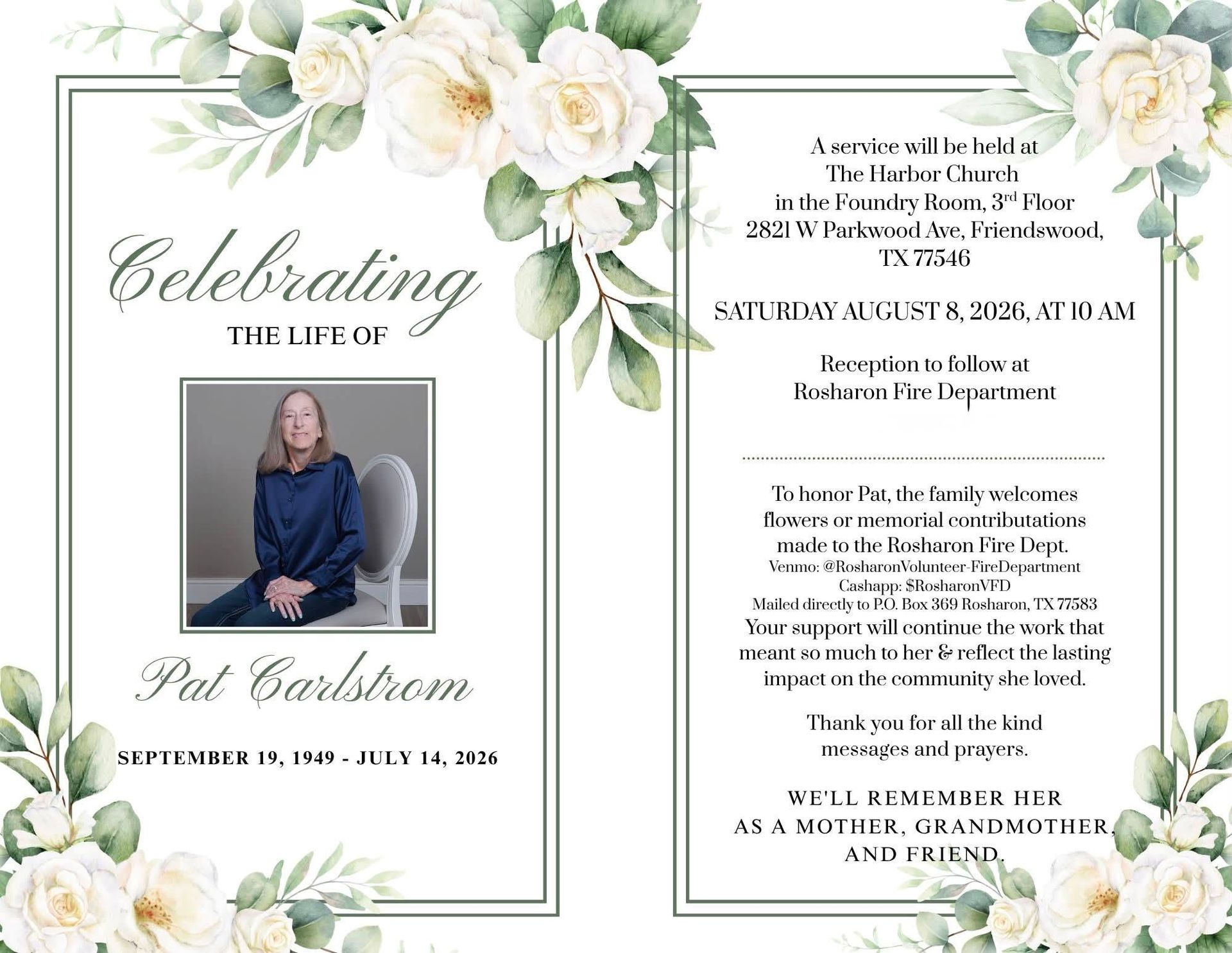 Memorial service invitation with floral border and portrait photo on a white background