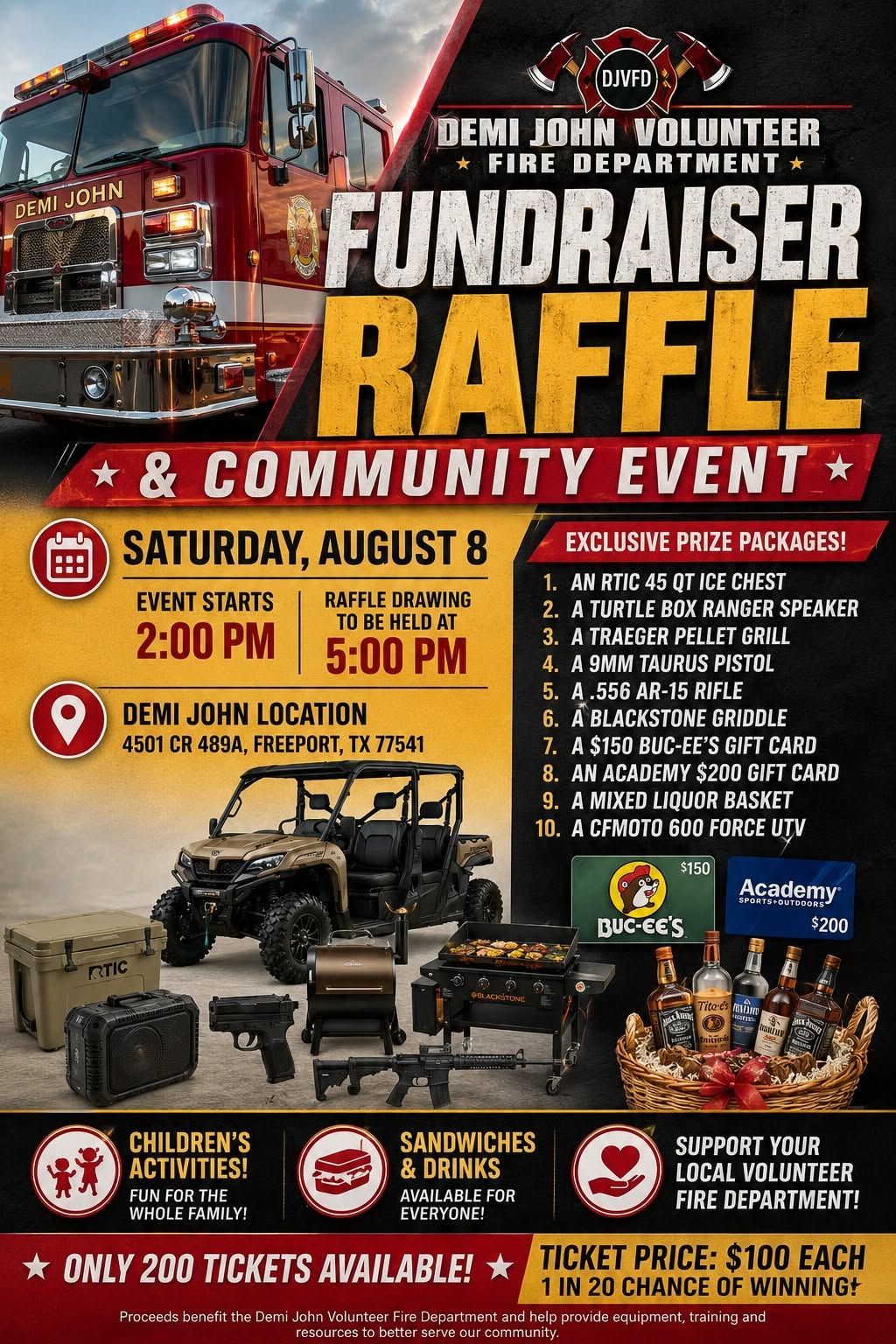 Fire truck fundraiser raffle poster with community event details, date, time, prizes, and tickets available