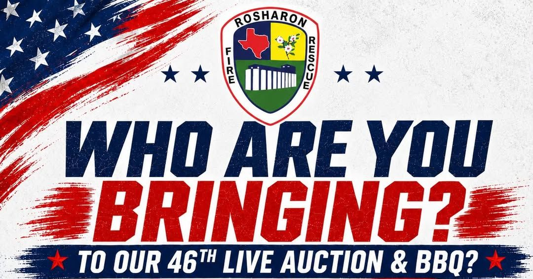 Red, white, and blue fundraiser poster for a live auction and BBQ, asking “Who are you bringing?”
