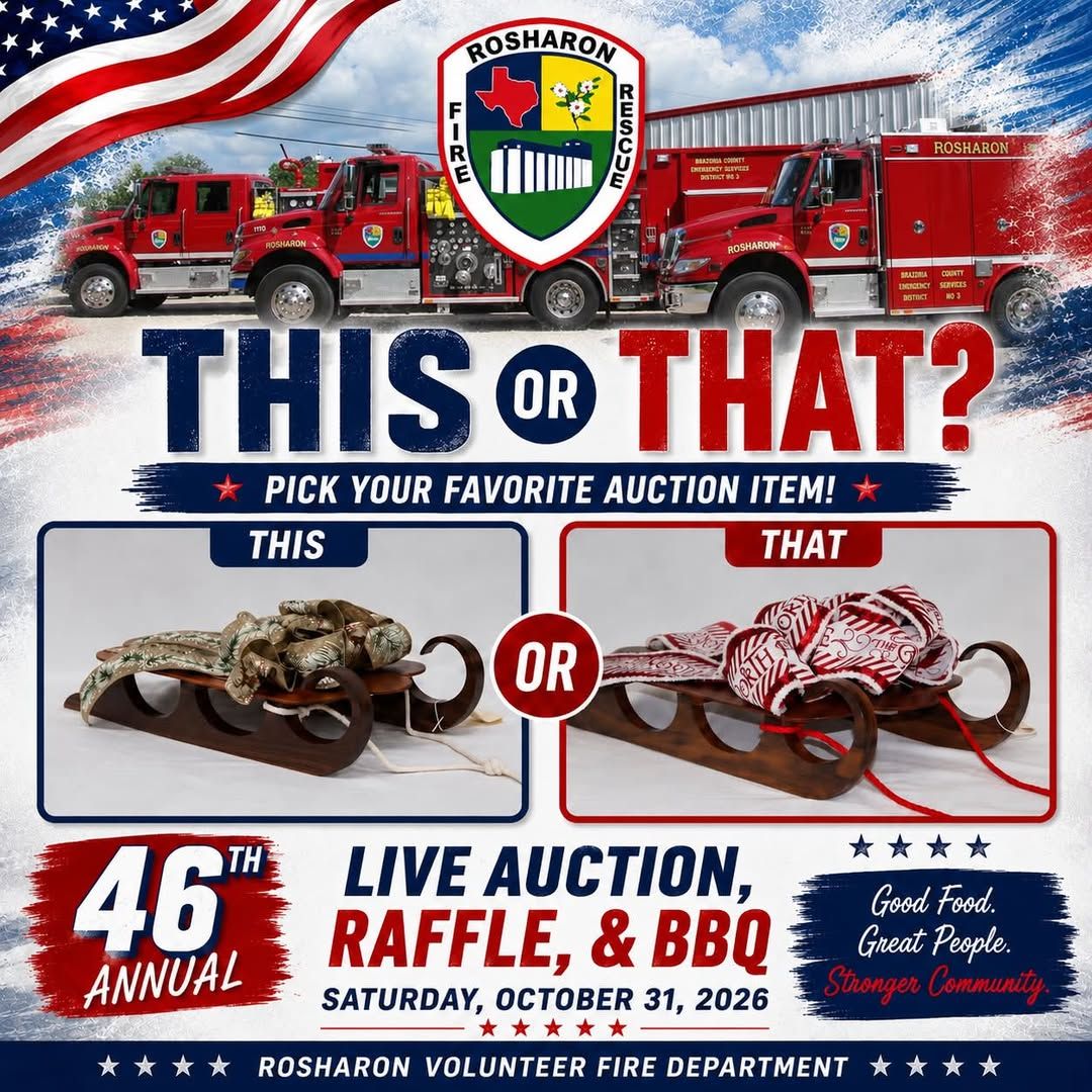Red-and-blue charity auction flyer with two custom motorcycles and large text “THIS OR THAT?”