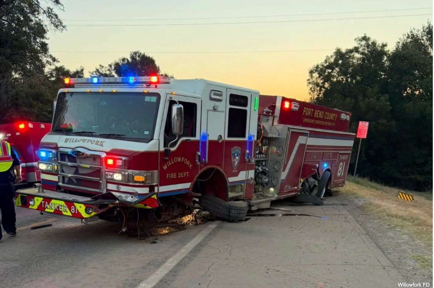 Willowfork Fire Tanker on the side of the road after accident.