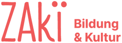 A red and white logo for zaki bildung & kultur