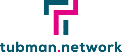 A logo for tubman network with a pink and blue t on a white background.
