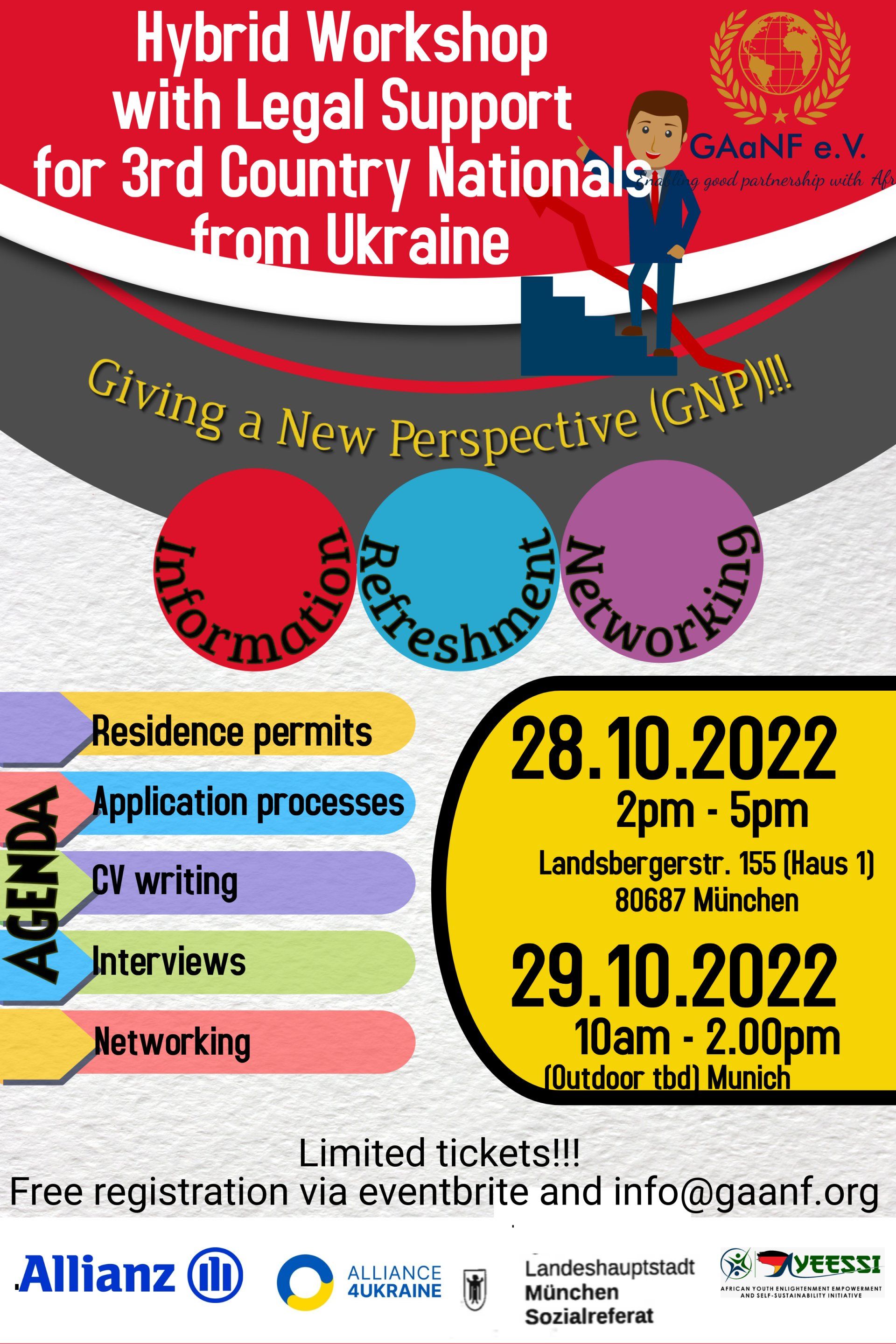 A poster for a hybrid workshop with legal support for 3rd country nationals from ukraine
