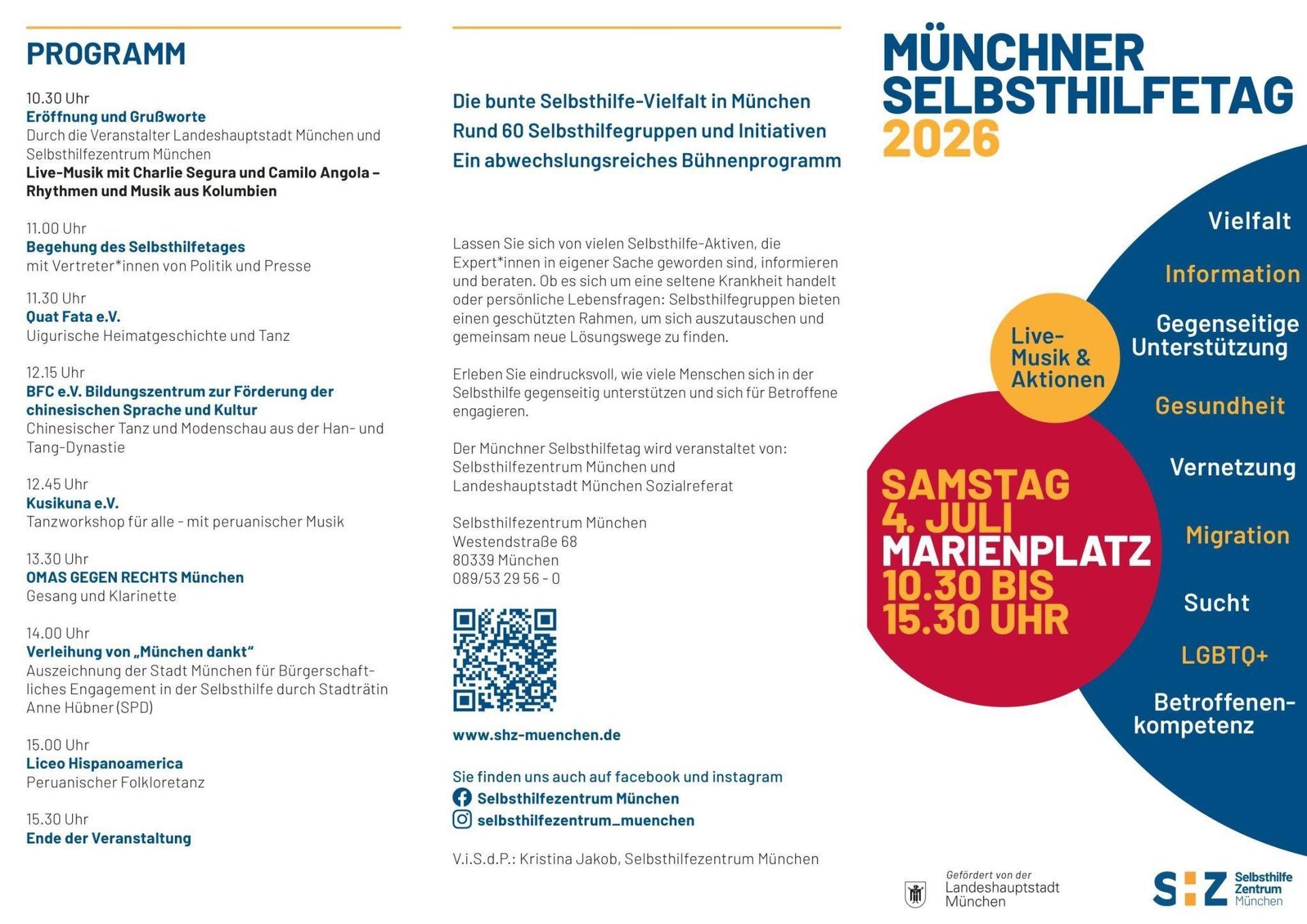 Flyer for München Selbsthilfetag 2026 with program text and event details in blue, yellow, and red.