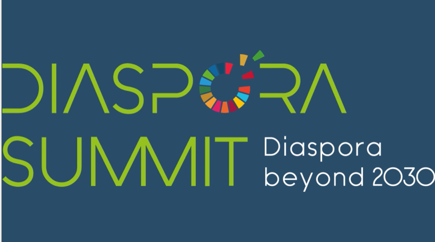 Diaspora Summit logo on blue background, lime green text and multicolored circle, “Diaspora beyond 2030”