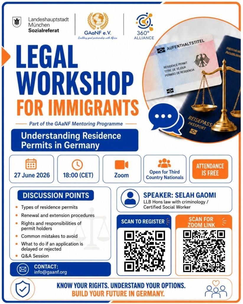 Poster for legal workshop for immigrants in Germany, with speakers, date, time, and QR codes on a blue-white design
