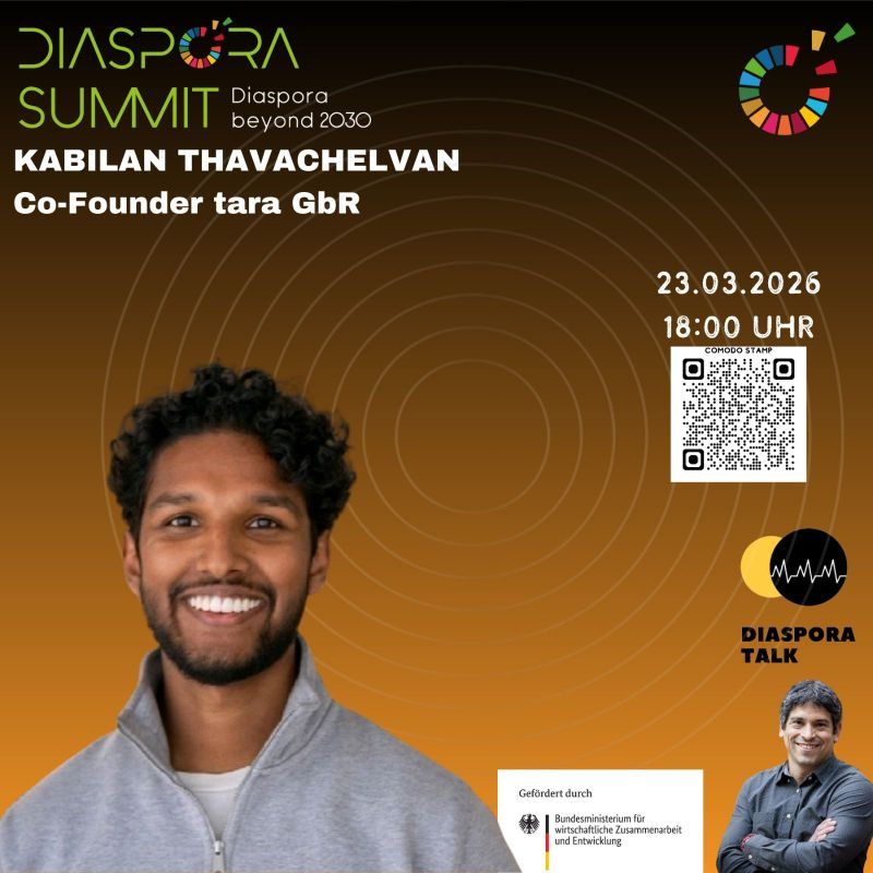 Event poster for “Diaspora Summit 2026” featuring Kabilan Thavachelvan, date, time, and QR code on a brown background