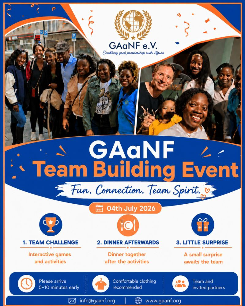 GAaNF team building event poster with smiling group photo, blue-orange design, and event details