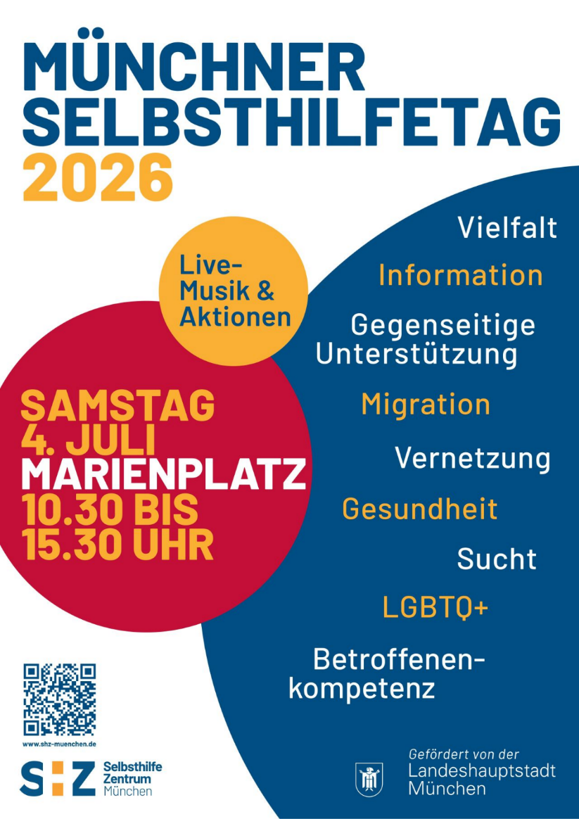 Poster for Münchner Selbsthilfetag 2026, with date, time, Marienplatz, and self-help topics in colorful circles.