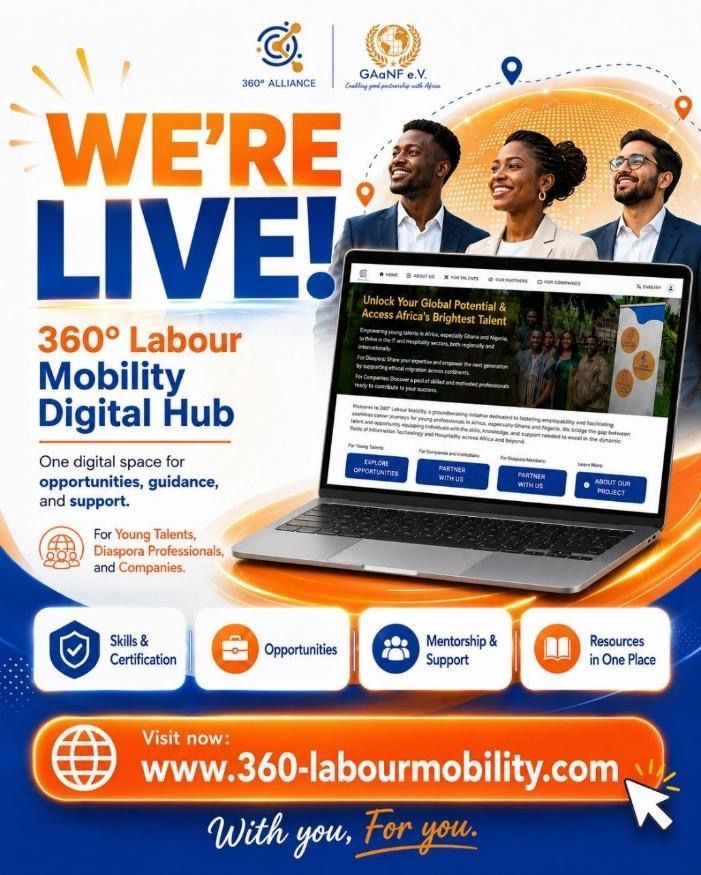 We’re Live! 360° Labour Mobility Digital Hub launch poster with website link and illustrated workers on orange background