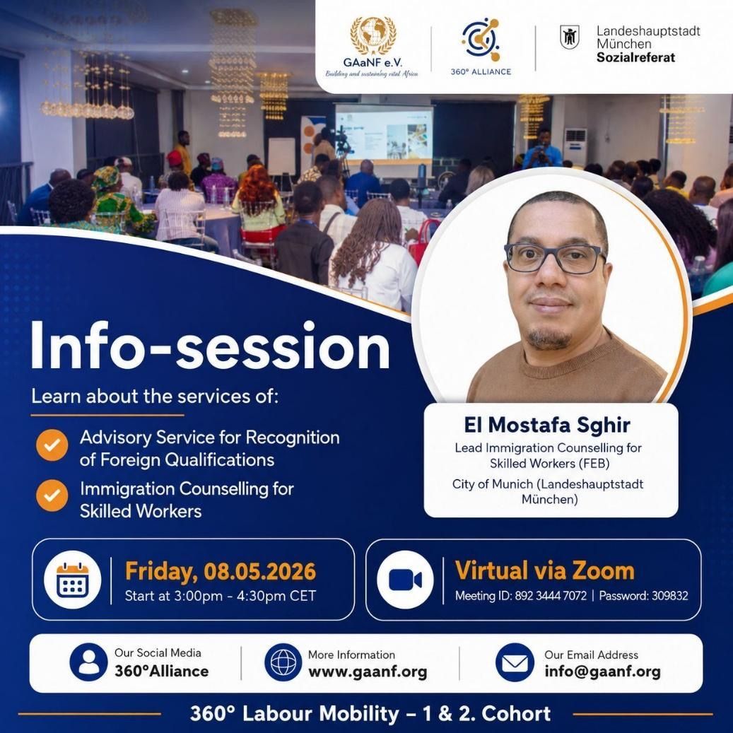 Info-session poster for migration services, with speaker photo, blue layout, and Zoom event details