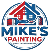 Mike’s Painting logo with house, paintbrush, and blue-red text, “Quality Craftsmanship”