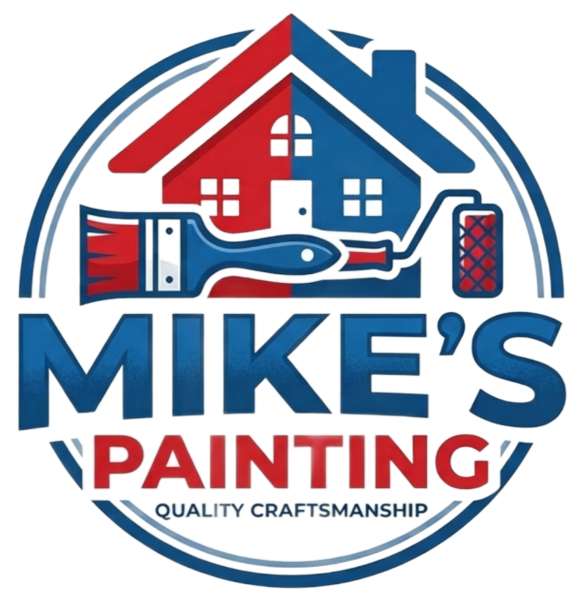 Mike’s Painting logo with house, paintbrush, and blue-red text, “Quality Craftsmanship”